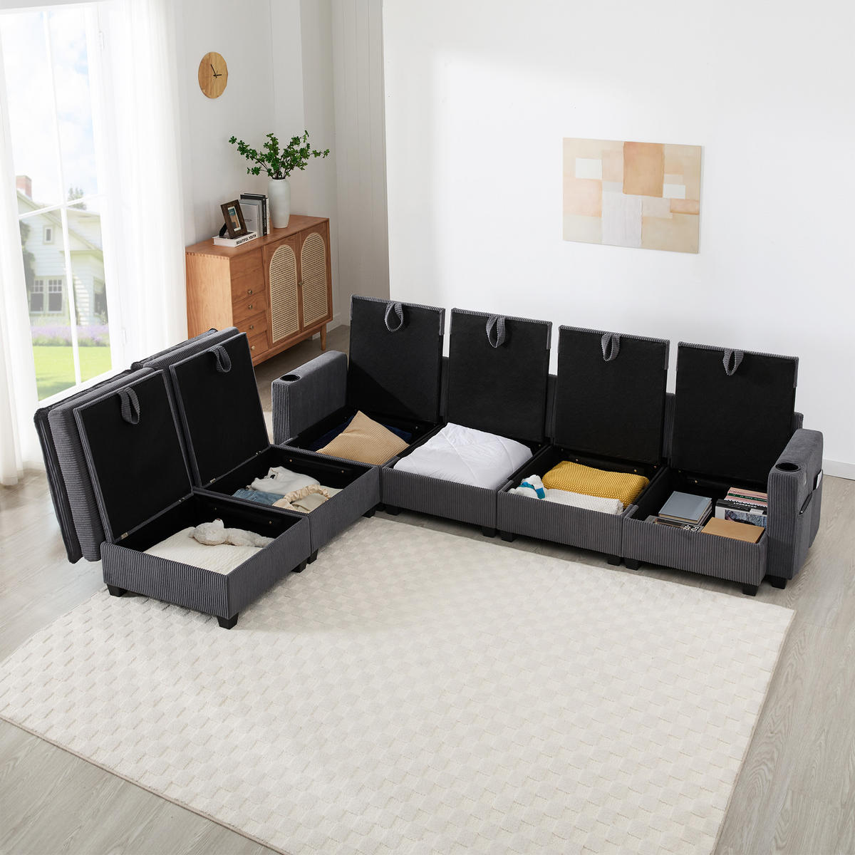SOFA Modulares L-förmiges mit Fußhockern und USB-Anschlüssen Cord Grau 280/151/82 cm - Grau, Textil (280/151cm) - OKWISH