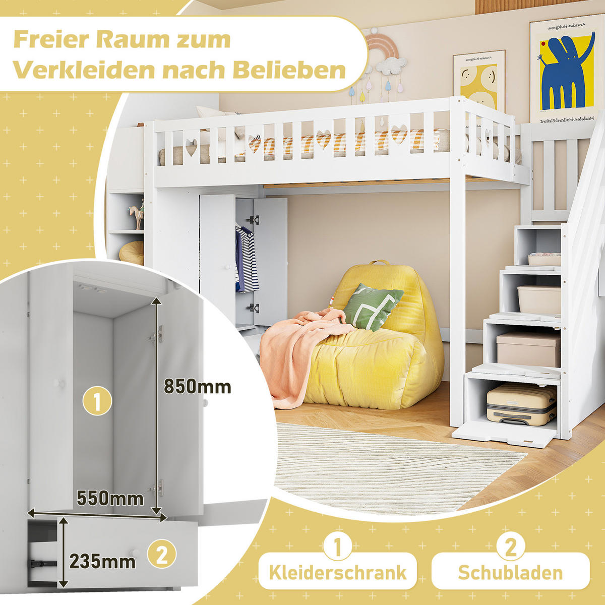 HOCHBETT aus Kiefernholz und MDF 90x200 cm Weiß mit Stauraumtreppe, Regalen und Klappschrank - Weiß, Holzwerkstoff (90/200cm) - IVMEU