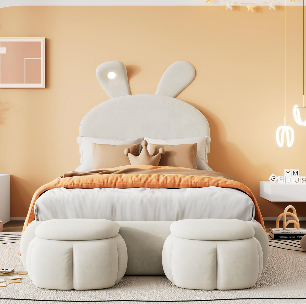 POLSTERBETT 90/200 cm aus Samt mit LED-Hasenohren und 2 Aufbewahrungshockern Beige - Beige, Textil (90/200cm) - Modenvie