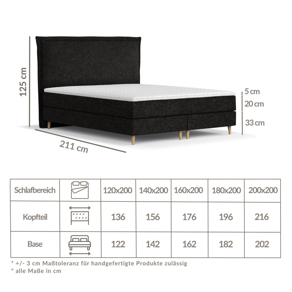 KONTINENTALBETT Calma Schwarz 120/200 cm mit Matratze und Topper - Schwarz/Naturfarben, Holz/Holzwerkstoff (120/200cm) - Maison de Reve