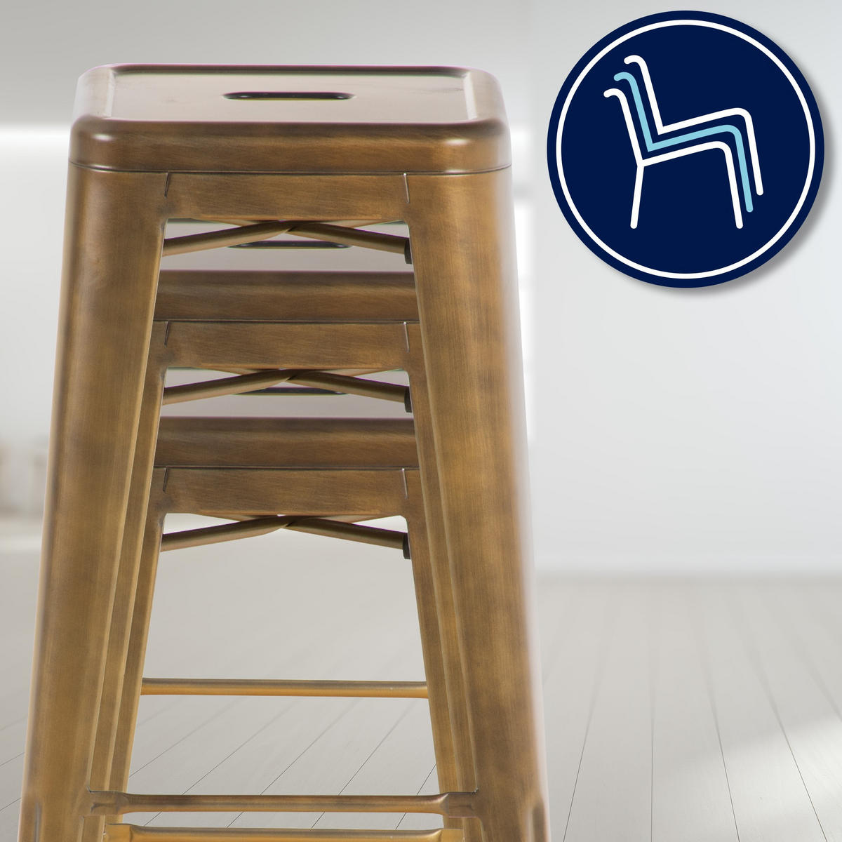 BARHOCKER Metall Gold - Eukalyptusholzfarben/Goldfarben, Metall (43/76/43cm) - CLP