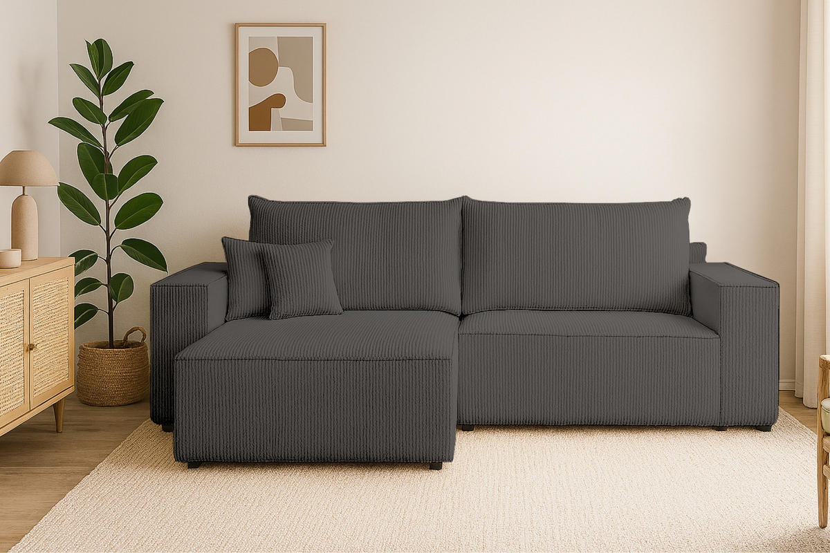 ECKSOFA MATT 255/153 cm links in Cord Anthrazit - Anthrazit/Schwarz, Holz/Holzwerkstoff (255/153cm) - Deine Möbel 24