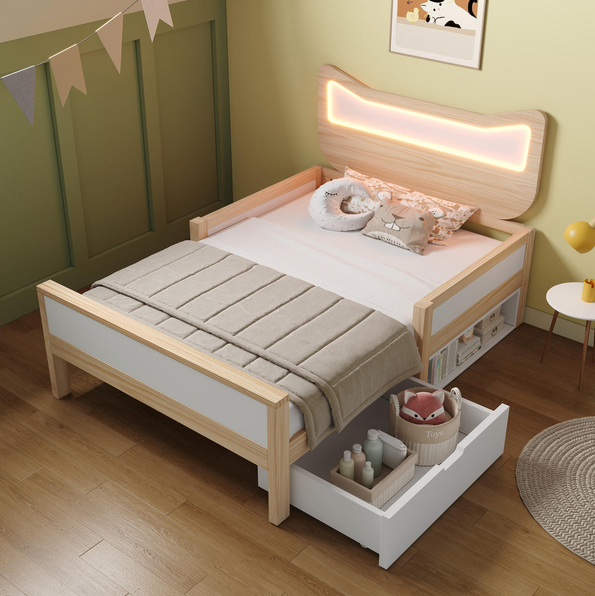 KINDERBETT 90/190 cm, Weiß/Eiche mit RGB-LED-Beleuchtung, Schublade, ohne Matratze - Weiß, Holz (90/190cm) - MIVRAY