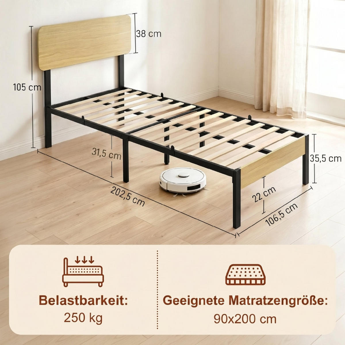 BETT 90/200 cm DE-32879 mit Kopfteil und Stauraum Schwarz - Naturfarben, Metall (90/200cm) - ComfortXL