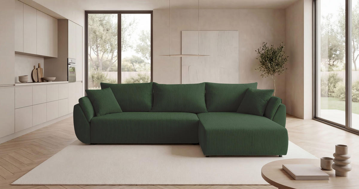 ECKSOFA SYDNEY rechts grün Cord Poso 14 - Schlaffunktion, Bettkasten - Grün, Textil (174/280cm) - Cornero