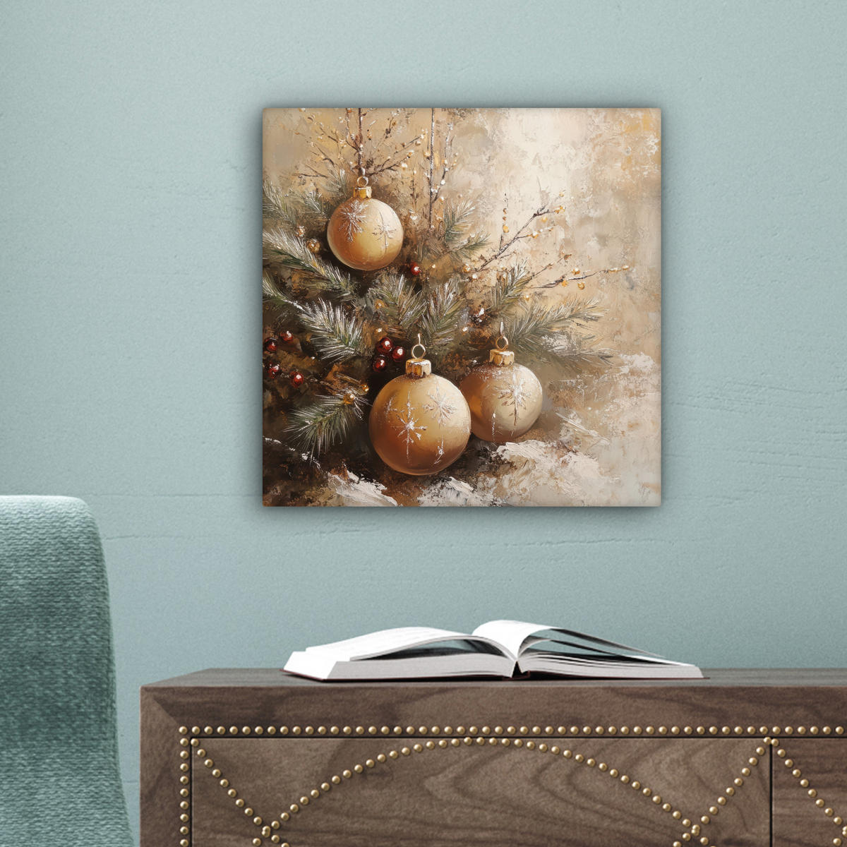 LEINWANDBILD Weihnachten - Kugeln - Beige - Gold 20x20 cm - Goldfarben, Textil (20/20cm) - MuchoWow