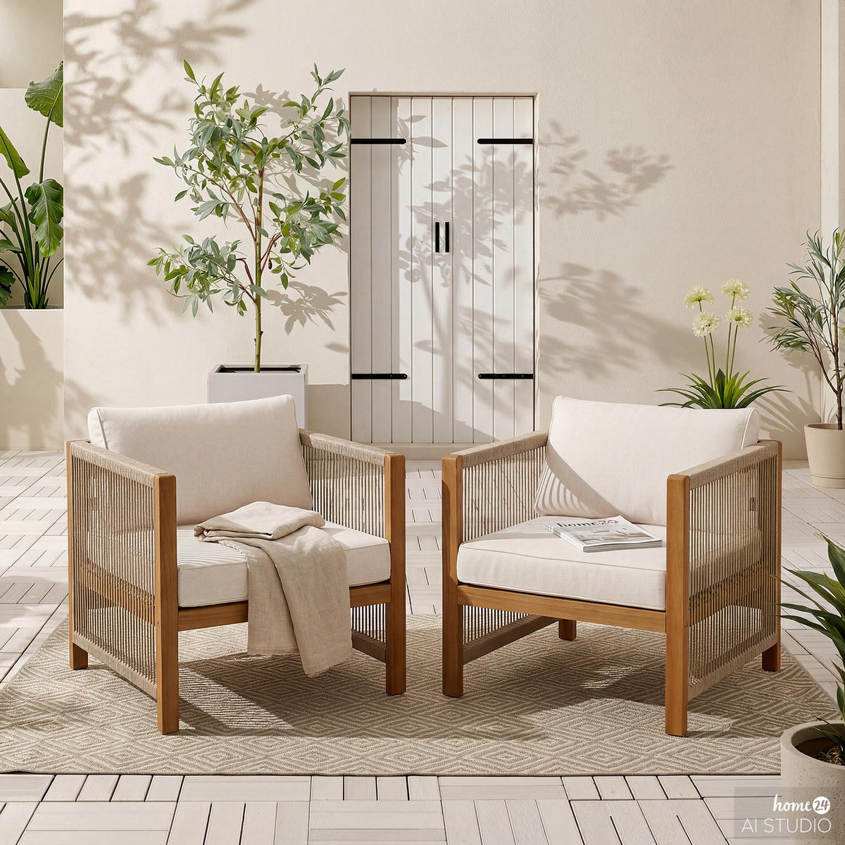 LOUNGESESSEL - 2er-Set - Akazie massiv / Polyester - Braun / Beige - Beige/Braun, Holz/Textil (64/76/66cm) - home24