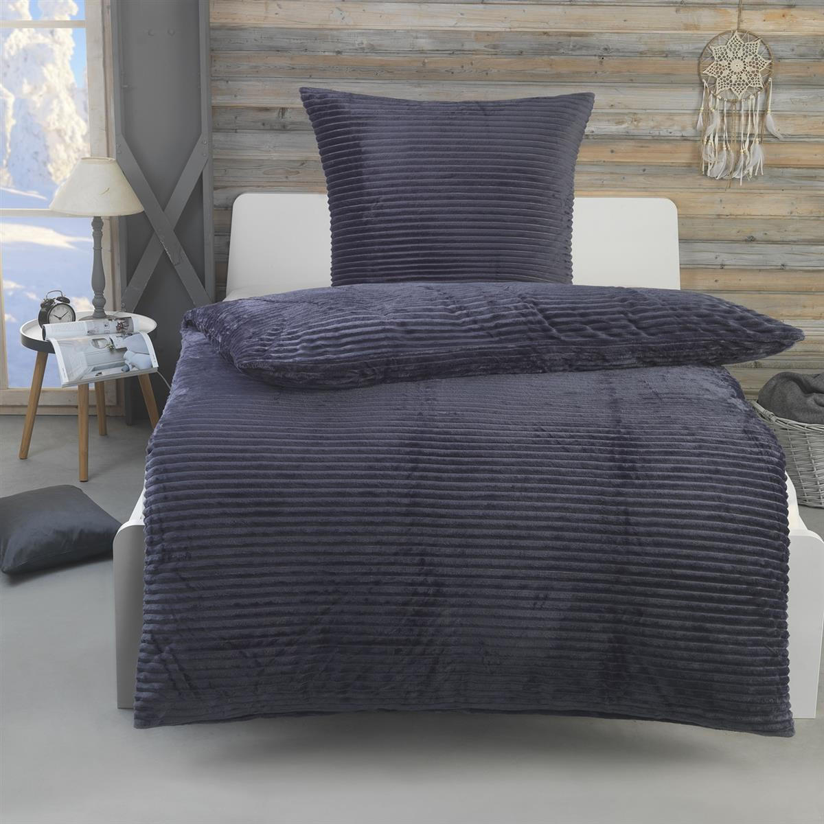 WINTER-BETTWÄSCHE 135x200 Cashmere Touch - Warme Plüsch Cord Kuschelbettwäsche - Blau - Anthrazit, Textil (135/200cm) - Carpe Sonno