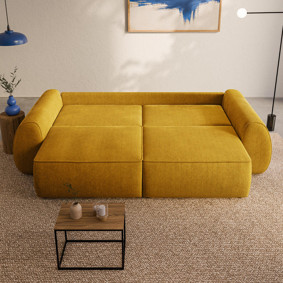 BETTSOFA ZEFEO Gelb Kordstoff mit Schlaffunktion - Gelb, Textil (264/96/106cm) - MASSENO