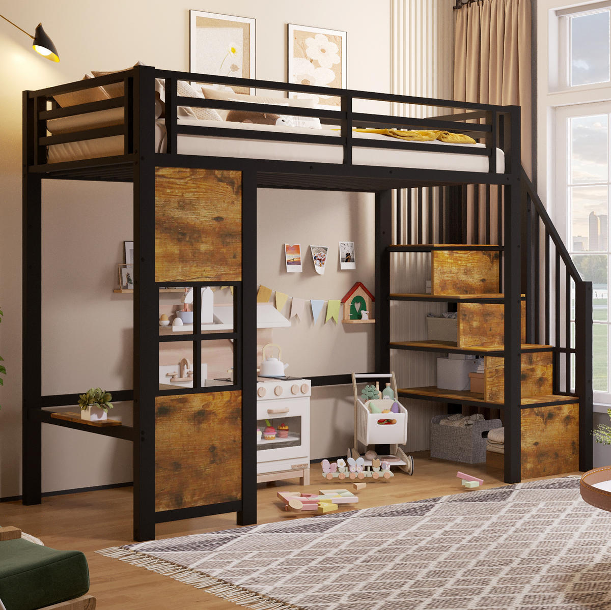HOCHBETT 90/200 cm aus Metall und MDF mit Stauraumleiter, Schwarz - Schwarz, Holzwerkstoff (90/200cm) - OKMYHOME