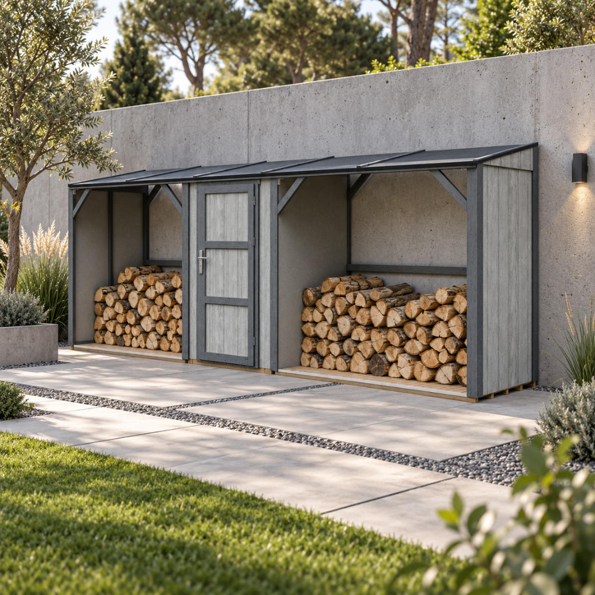 TIMBELA M986-TUNDRA CAVERN Dvojitý Prístrešok na Drevo s Úložným Priestorom 6,49 m², dve zóny na palivové drevo s celkovou kapacitou ~8,8 m³ - antracitová, drevo (118/220/550cm) - Timbela