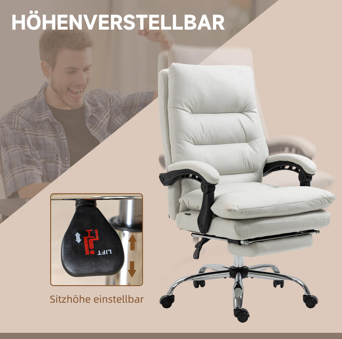GAMINGSTUHL 65/72/109–117 cm, Massagefunktion, 135° neigbar, höhenverstellbar, cremeweiß - Creme, Kunststoff (72/117/65cm) - Redom