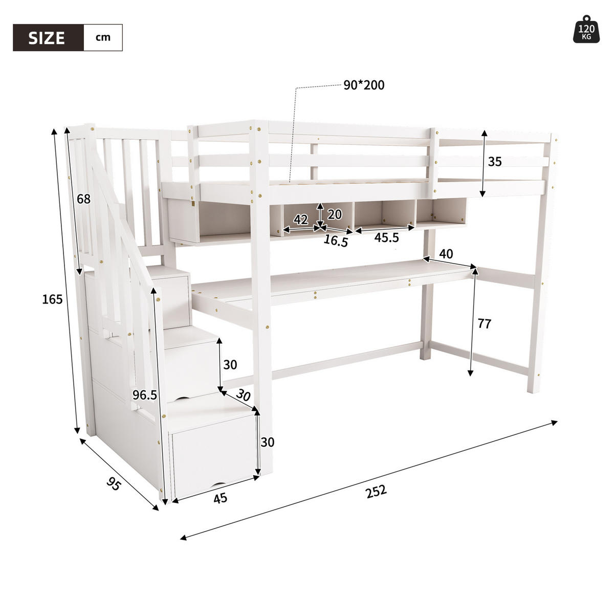 HOCHBETT aus Massivholz und MDF 90x200 cm Weiß mit Stauraumtreppe, Schreibtisch und Regal - Weiß, Holz (90/200cm) - IVMEU