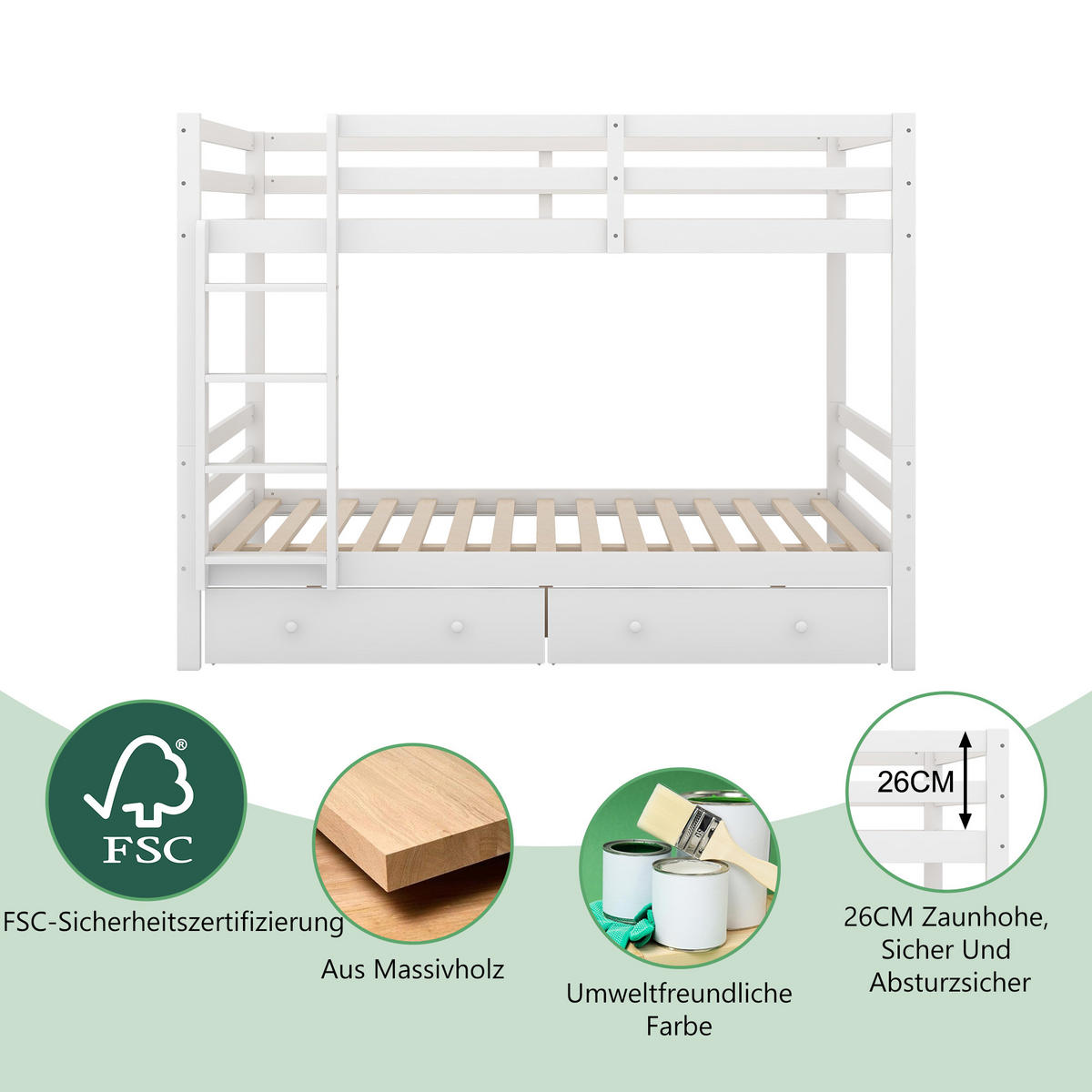 ETAGENBETT 140x200cm Weiß mit Schubladen Stauraum hohe Geländer - Weiß, Holz (140/200cm) - FLIEKS