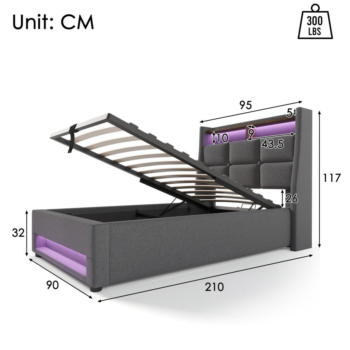 POLSTERBETT 90/200 cm Grau mit Stauraum, USB-Anschluss und LED-Beleuchtung - Grau, Textil (90/200cm) - Flora Grace