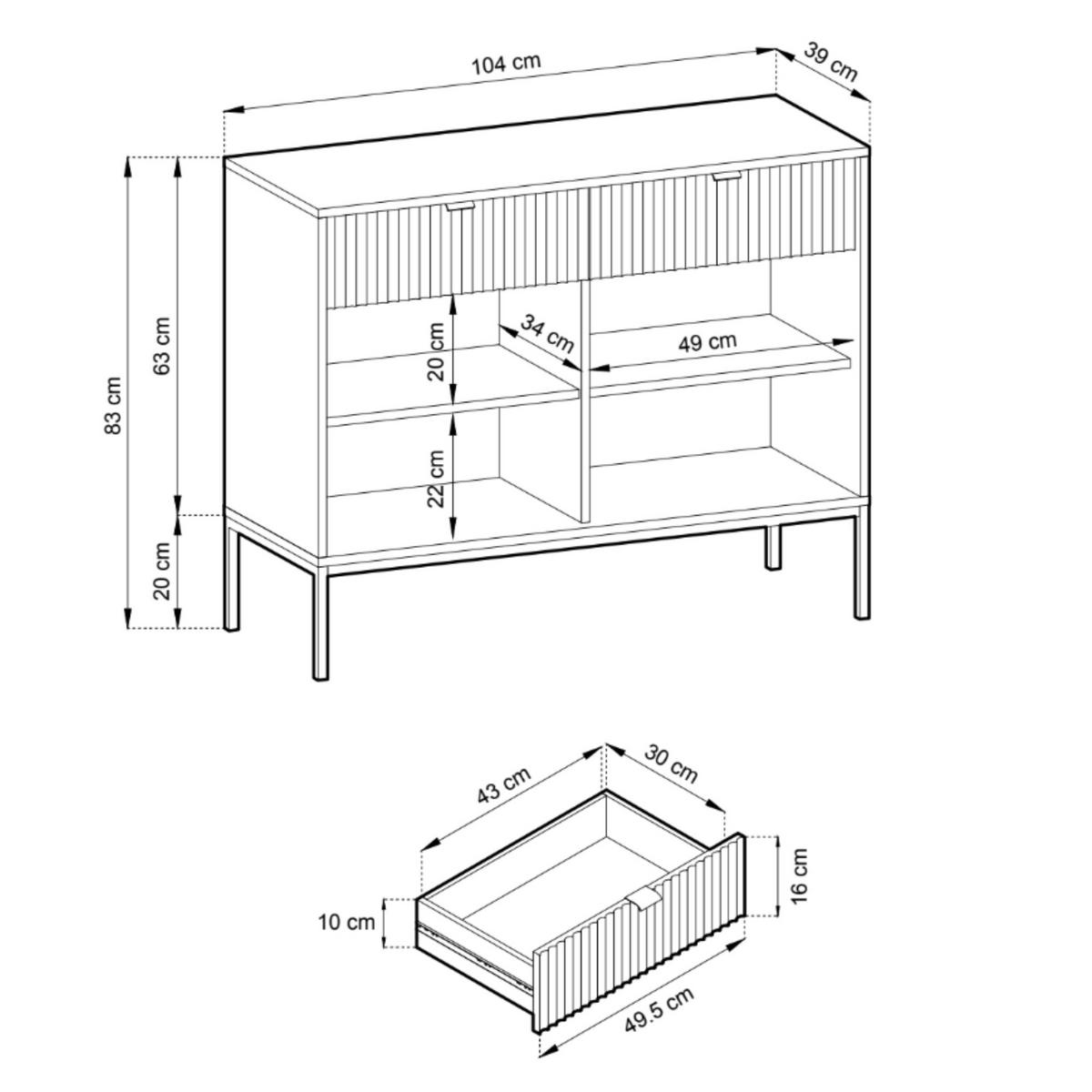 MODERNE Geriffelte Kommode KIOTO K2D2SZ (Eiche Vicenza, Schwarzes Gestell, Soft-Close Türen) - Eichefarben/Schwarz, Holz/Holzwerkstoff (104/83/39cm) - Ravio