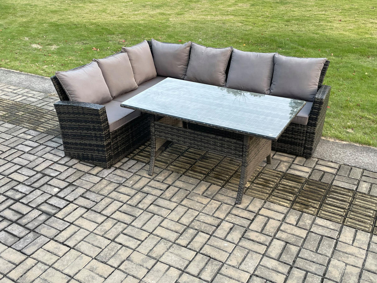 GARTENLOUNGE mit Ecksofa Polyrattan Dunkelgrau 6-Sitzer - Dunkelgrau/Grau, Glas/Kunststoff - Fimous