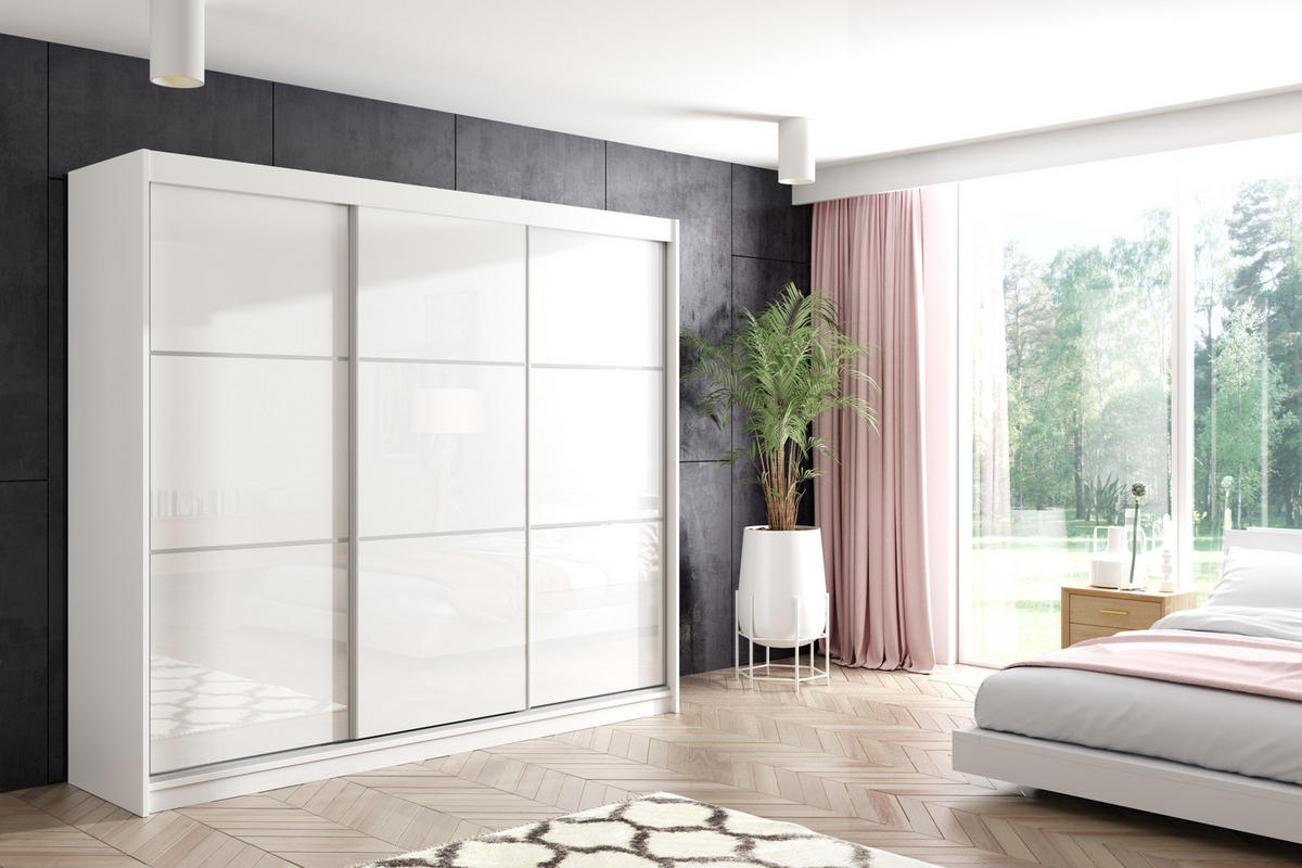 KLEIDERSCHRANK mit Lacobel-Schiebetüren und Aluminium-Leisten - VIVONA - 240 cm Weiß - Weiß, Holzwerkstoff (240/216/61cm) - ALTDECOR