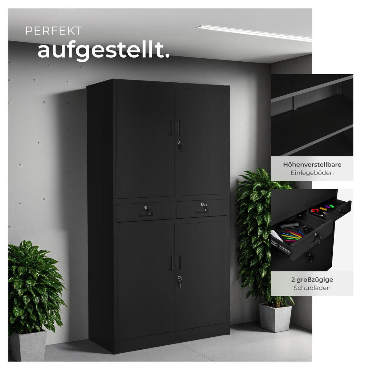 AKTENSCHRANK ,180 x 80 x 40 cm,schwarz/schwarz - Schwarz, Metall (40/180/80cm) - tectake