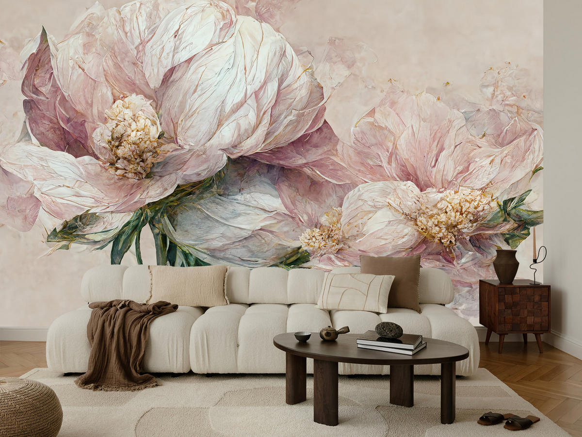FOTOTAPETE für Wohnzimmer Vintage Rosa Blumen Blätter Natur 400x280 - Beige/Creme, Papier (400/280cm) - Muralo