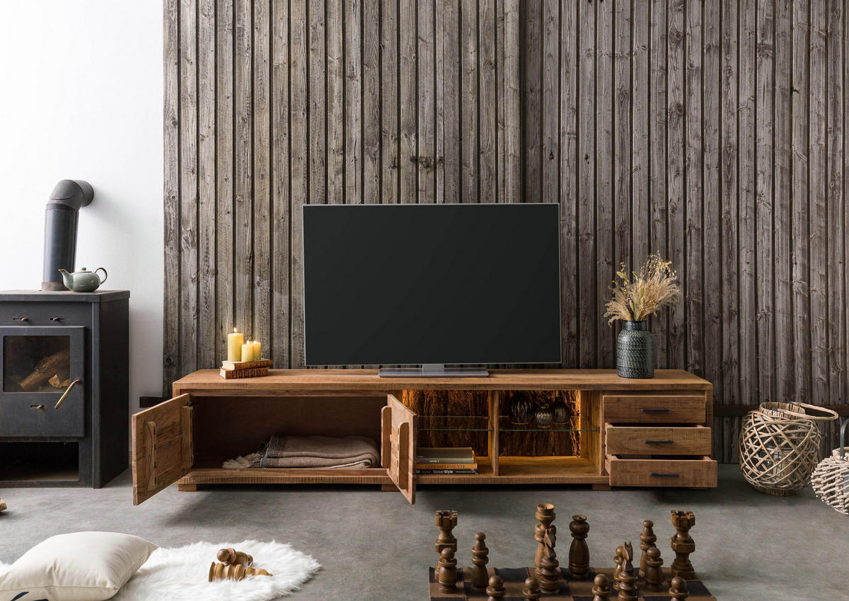TV-BOARD Akazie 235x40x47 natur lackiert BARK #116 - Naturfarben, Holz (235/47/40cm) - Massivmoebel24