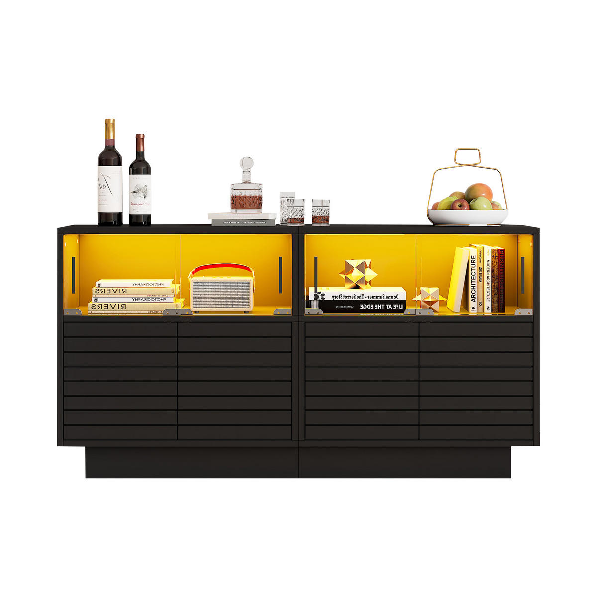 SIDEBOARD Schwarz mit dreistufiger Struktur, Schiebeglas, LED-Leiste und großem Stauraum 130 × 35 × 68 cm - Schwarz, Holzwerkstoff (130/68/35cm) - Luhomfu