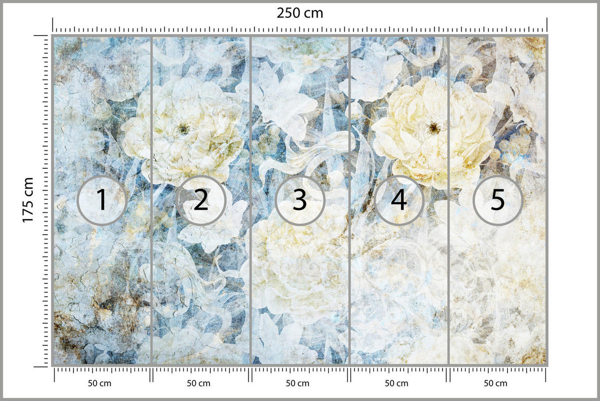 FOTOTAPETE Blumen Abstraktion Vintage Stil 250x175 - Blau/Gelb, Papier (250/175cm) - Muralo