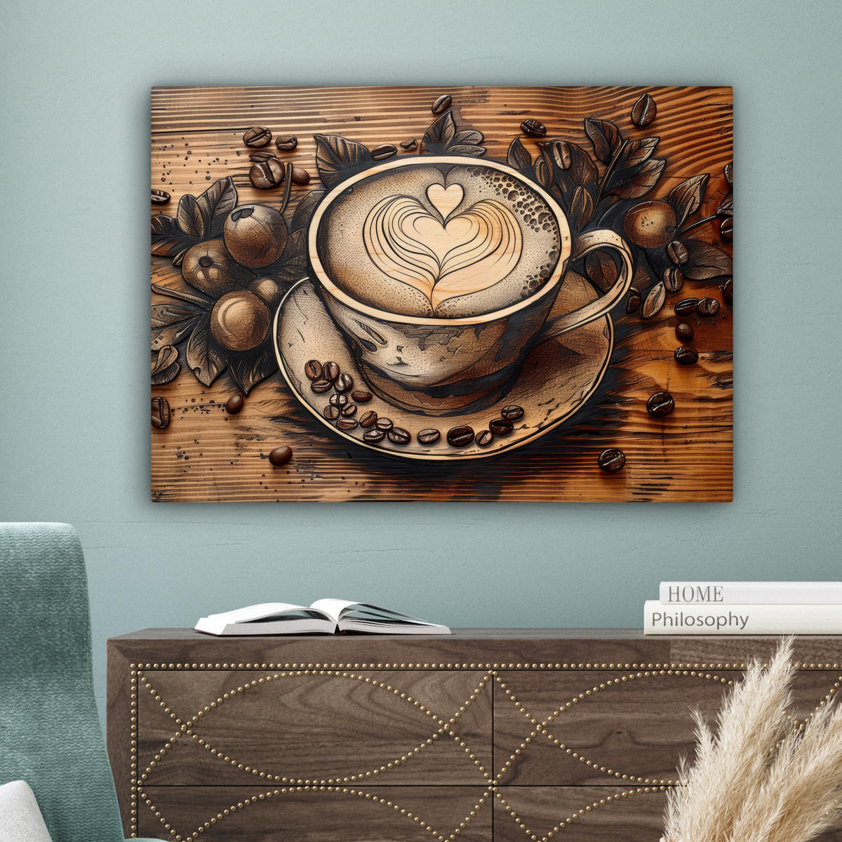LEINWANDBILD Kaffee - Vintage - Braun - Tasse - Holz Wandbilder 80x60 cm - Braun, Textil (80/60cm) - MuchoWow