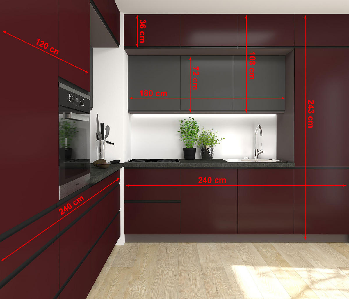 ECKKÜCHE Velden lava / rubinrot 240 / 240 / 243cm 22-teilig - Rot/Grau, Holzwerkstoff (240/243/240cm) - Feldmann-Wohnen