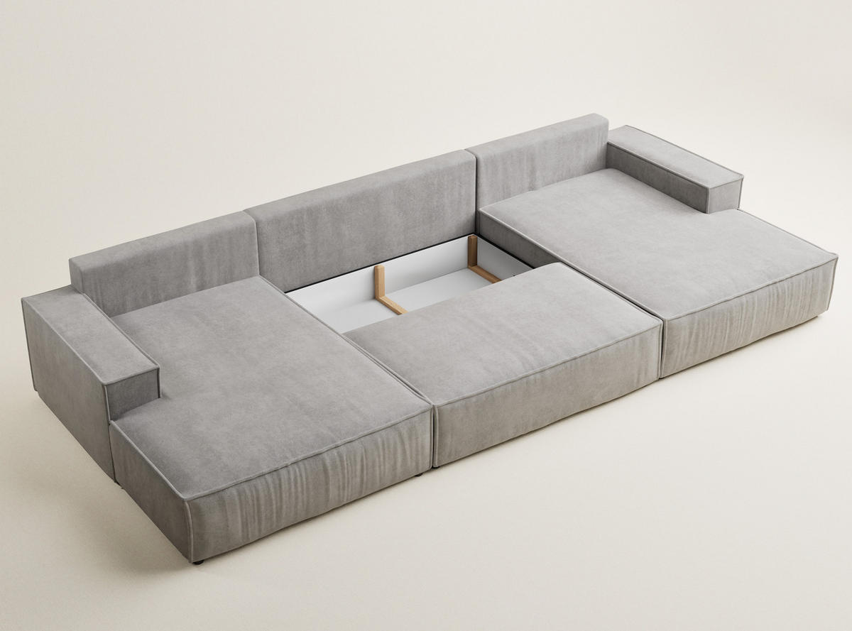 WOHNLANDSCHAFT Kyoto Grau Beige Webstoff - Schwarz/Grau, Holz/Holzwerkstoff (398/70/148cm) - Maison de Reve