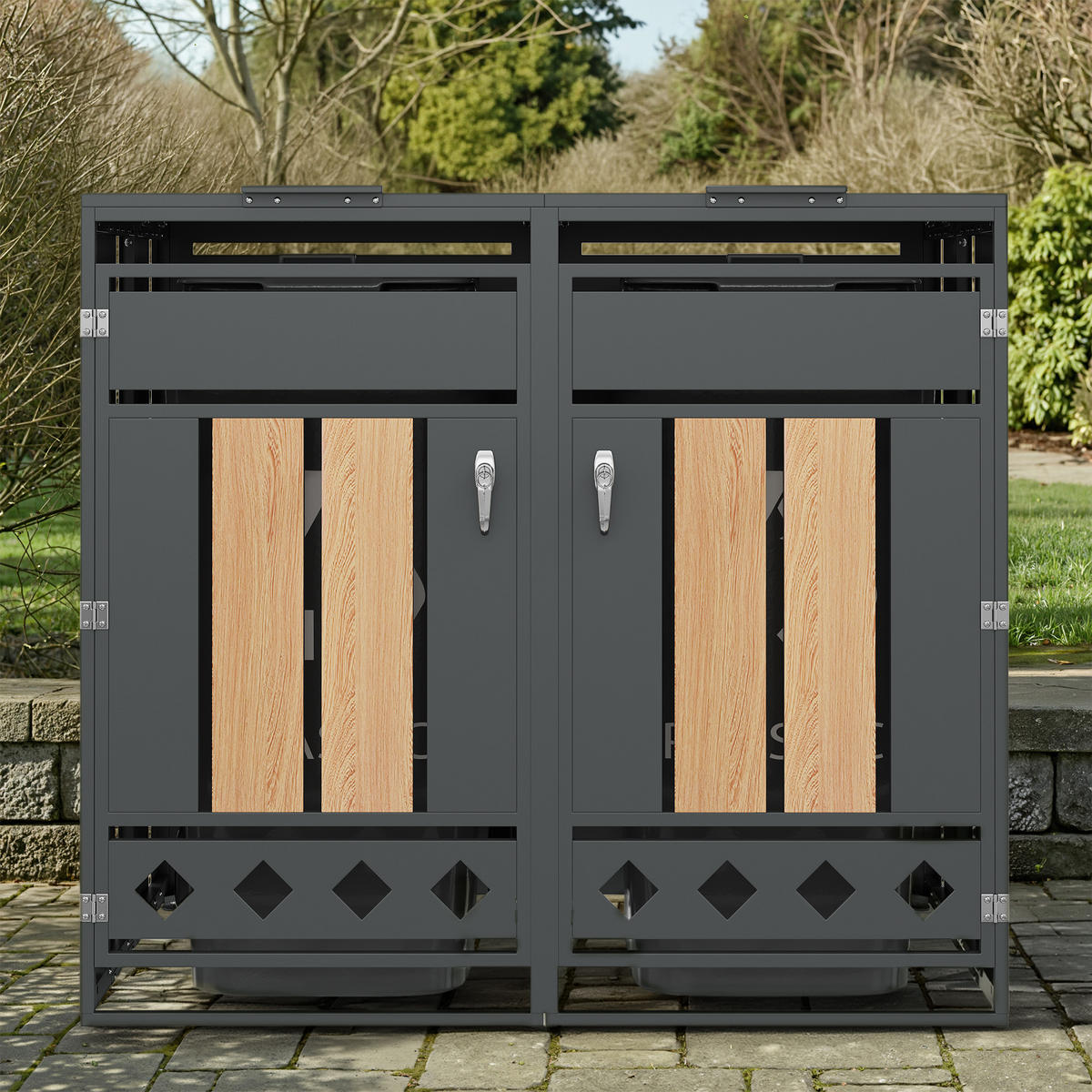 MÜLLTONNENBOX Klappdeckel 2 Türen Holzoptik vertikal - Grau, Metall (132/118.5/80cm) - LEBENLANG