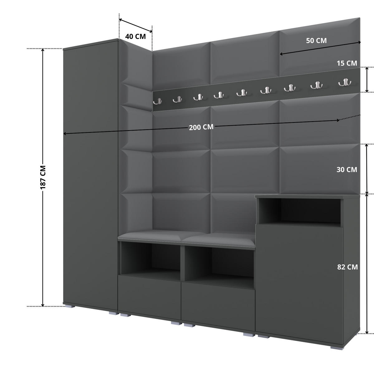 GARDEROBE NELA X 200 cm (Modulare Flurmöbel Graphit mit Sitzpolster Dunkelgrau 15 Schrank + Sideboard) - Dunkelgrau/Silberfarben, Holz/Holzwerkstoff (200/187/40cm) - Ravio