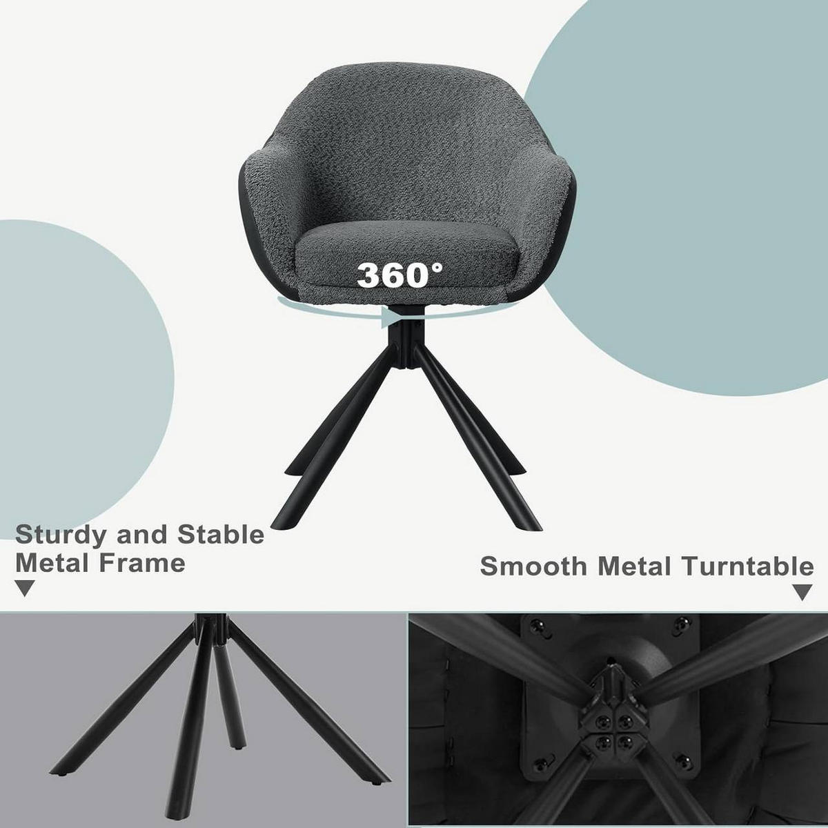 ESSZIMMERSTUHL drehbar, Chenille, Dunkelgrau - Dunkelgrau/Schwarz, Textil/Metall (57.5/78/60.5cm) - Woltu