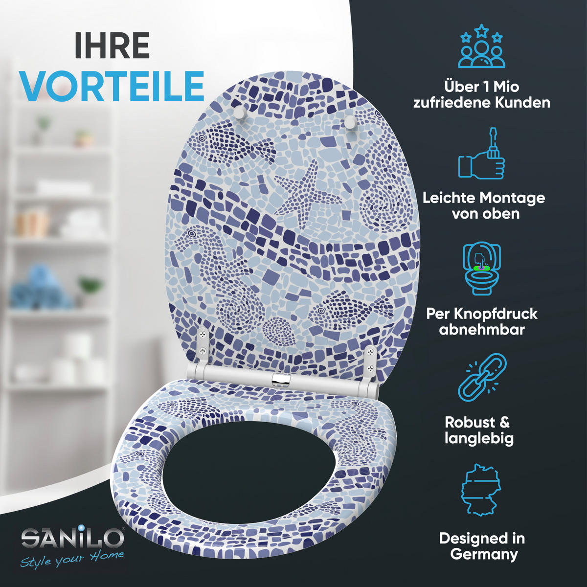 WC-SITZ mit Absenkautomatik & Top Fix Mosaic World - Blau, Holzwerkstoff (37.7/5.5/48cm) - Sanilo