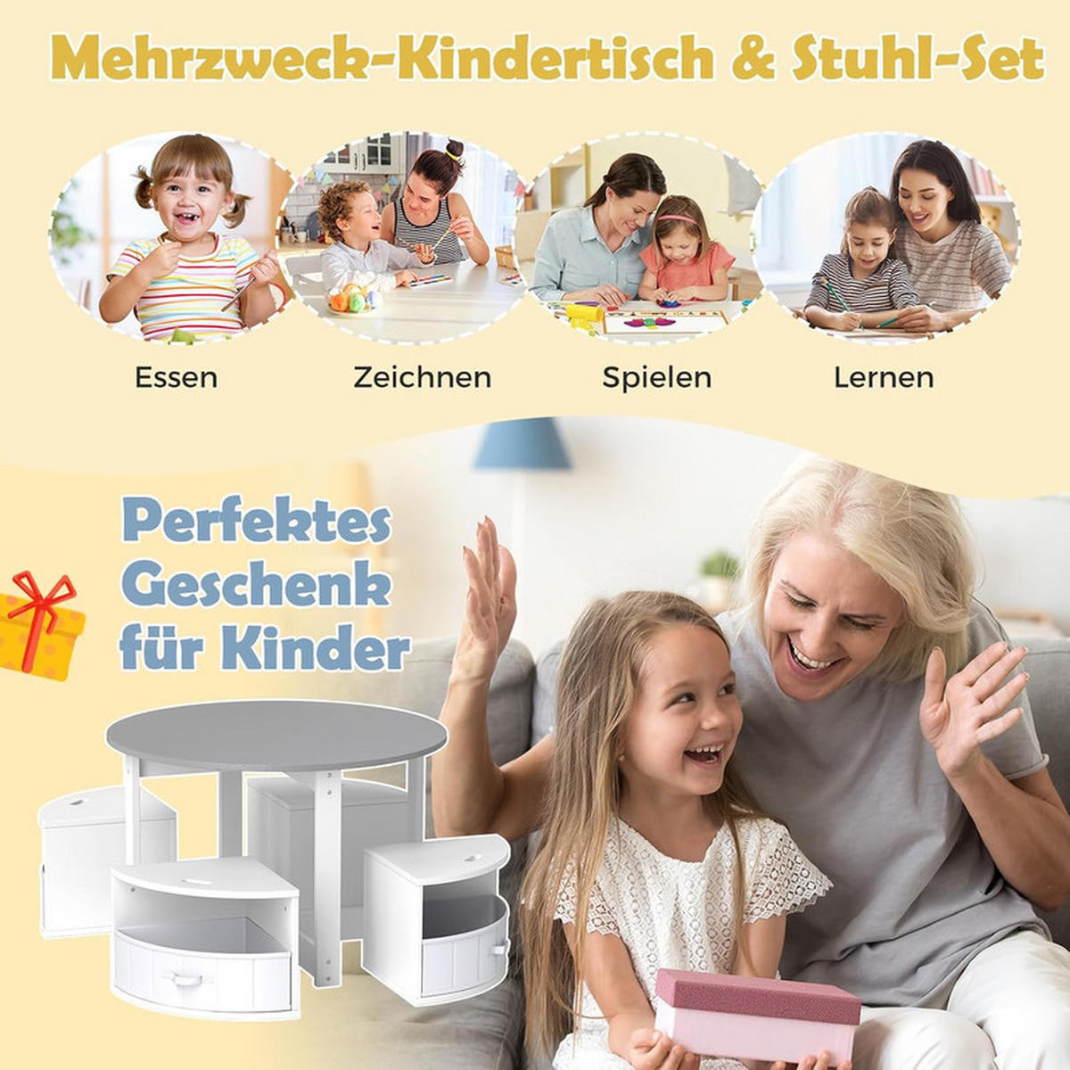 KINDERTISCHE mit Stühlen grau(5-tlg) - Grau, Holzwerkstoff (79/51/79cm) - COSTWAY