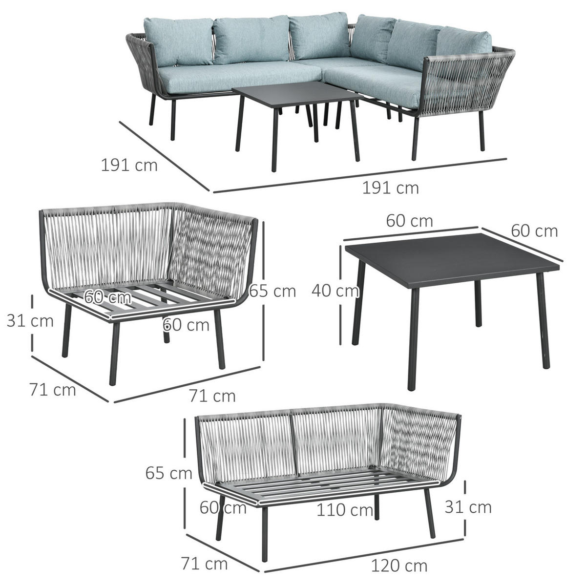 GARTENMÖBEL-SET aus Aluminium 120x71x65 cm Grau mit Couchtisch, modularer Stellweise und waschbaren Kissen - Grau, Metall - Modfu
