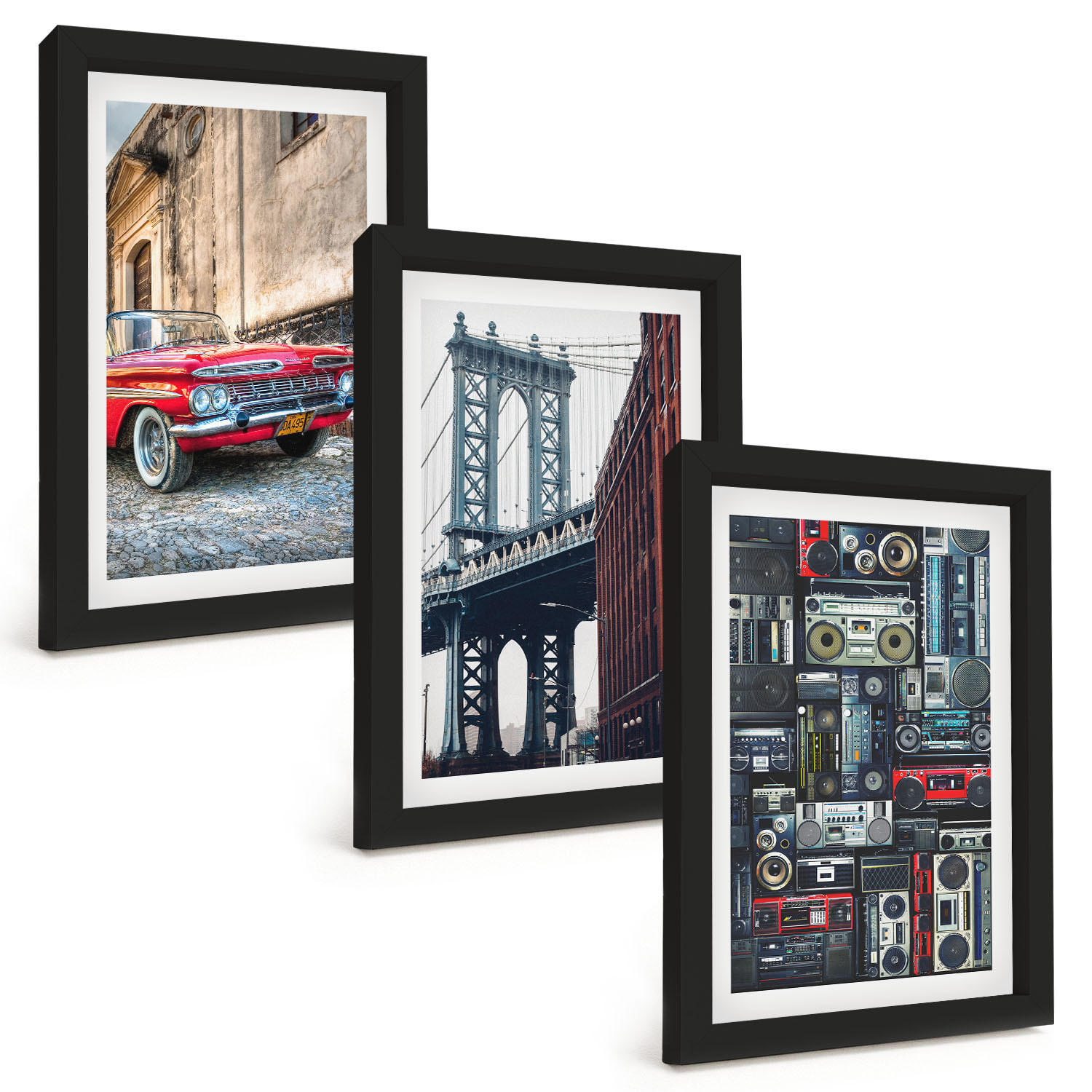 BILDER SET 3er Set - 20x30 cm Schwarzer Rahmen - Alte Autobrücke Brooklyn Retro-Audio - Schwarz, Kunststoff (20/30cm) - TULUP