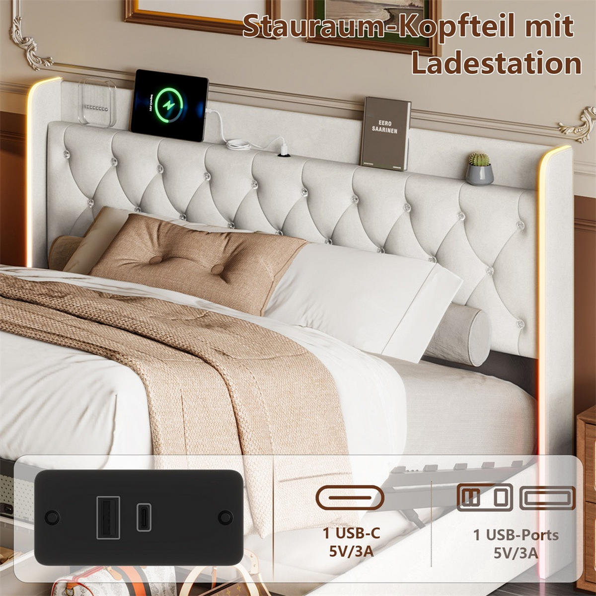 POLSTERBETT 140x200 cm - Doppelbett mit hydraulischem Stauraum und LED - ohne Matratze - Beige - Beige, Textil (140/200cm) - DELFA