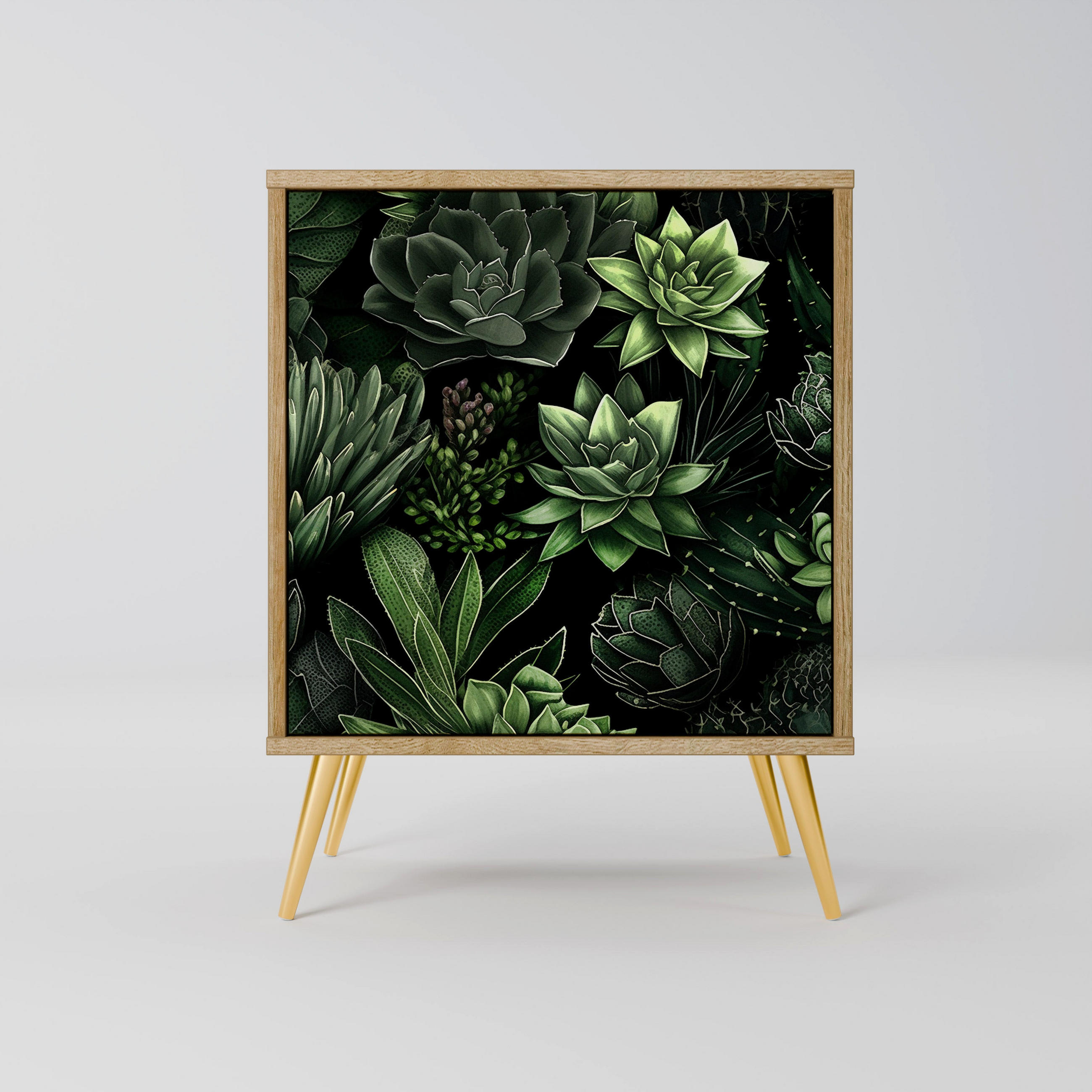 SIDEBOARD SUCCULENT JUNGLE, Eichefarben, 57,5x42x75,5 cm, Goldfarbene Metallfüße - Eichefarben/Goldfarben, Holzwerkstoff/Metall (57.5/75.5/42cm) - SpaceRebels