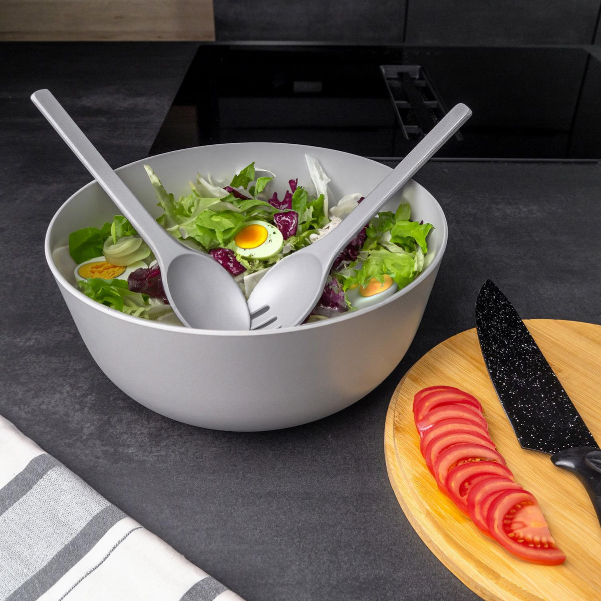 SALATSCHÜSSEL mit Besteck - Grau, Kunststoff (24.5cm) - Intirilife