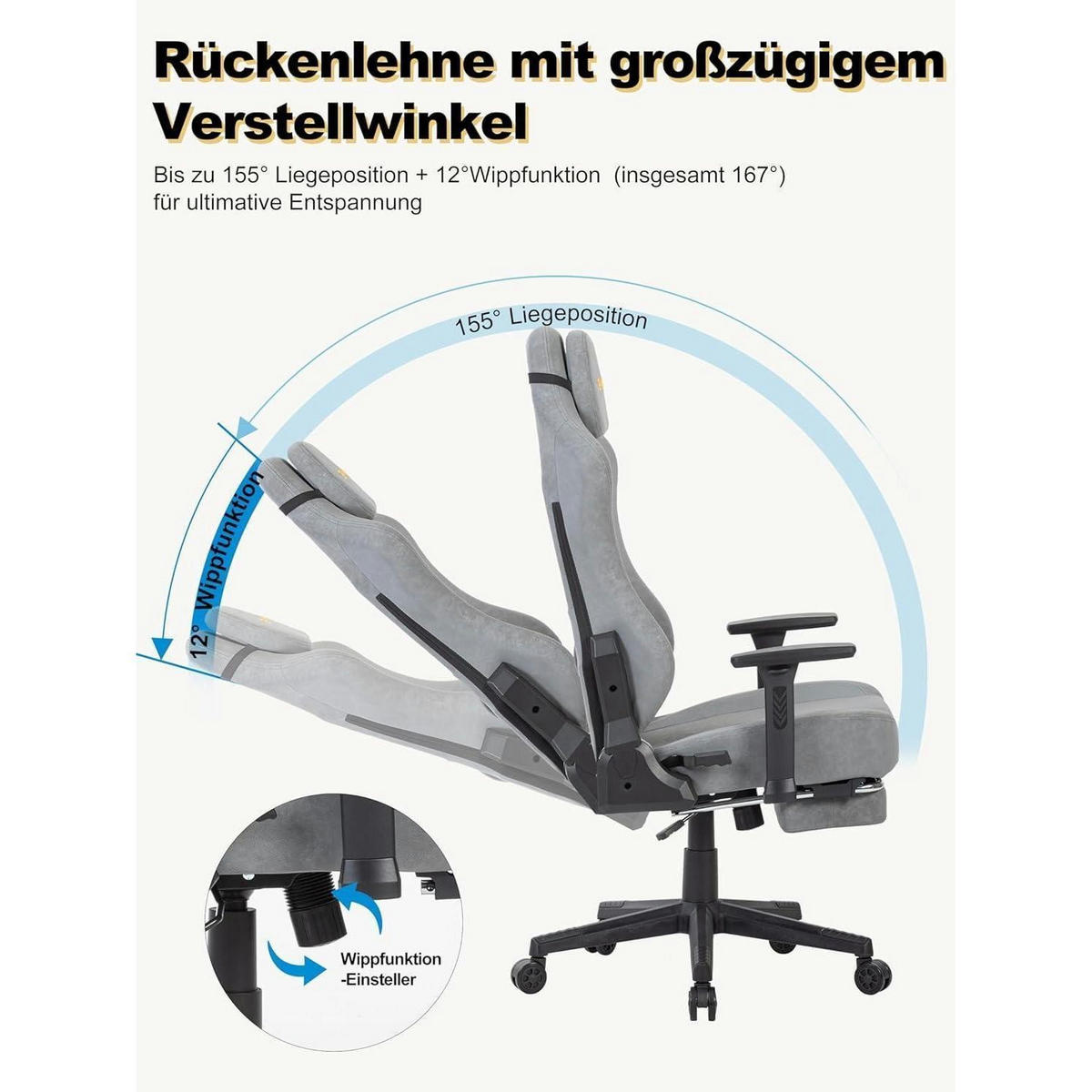 GAMING Stuhl mit atmungsaktiver Rückenlehne und 3D-Lendenwirbelstütze Grau - Grau, Kunststoff (54/135/58cm)