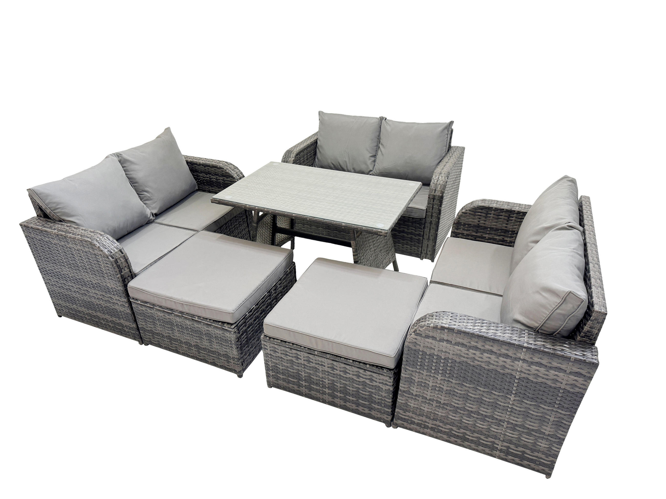 GARTENMÖBELSET mit ESSTISCH,SOFA Polyrattan 8-Sitzer - Dunkelgrau/Grau, Glas/Kunststoff - Fimous