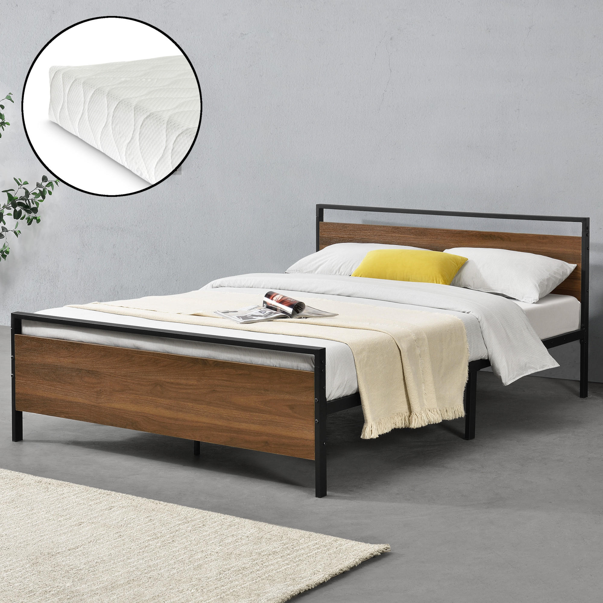 METALLBETT Finse mit Matratze - Walnussfarben/Schwarz, Textil/Metall (140/200cm) - [en.casa]