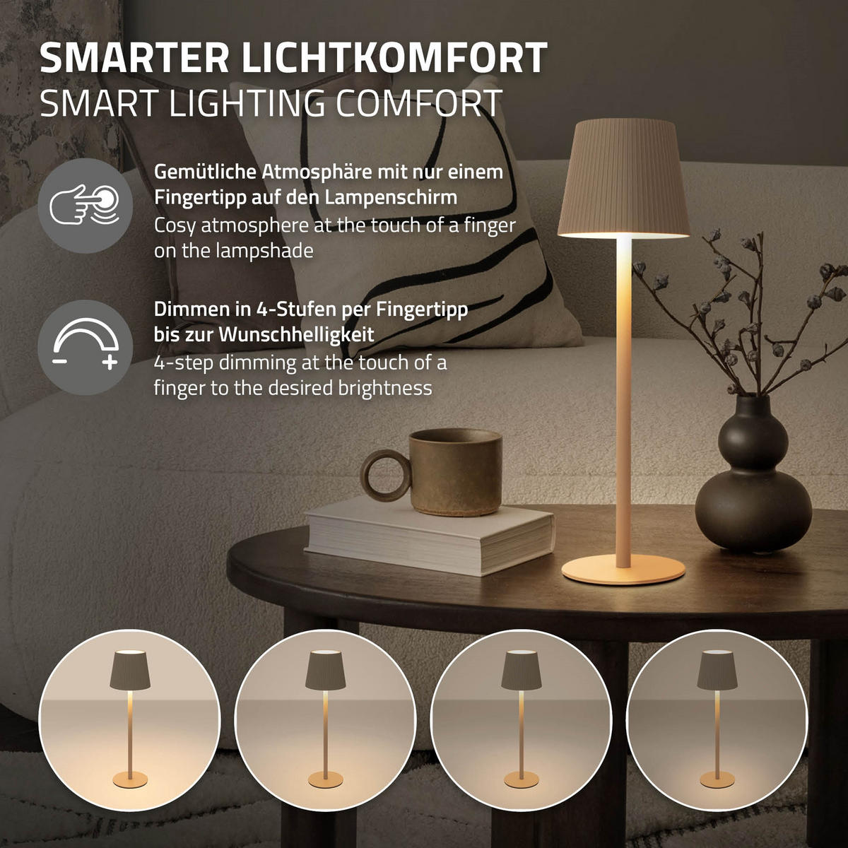 LED TISCHLAMPE kabellos mit Touch Creme Ø10x36 cm Warmweiß Dimmbar - Creme, Kunststoff (10/10/36cm) - ML-DESIGN
