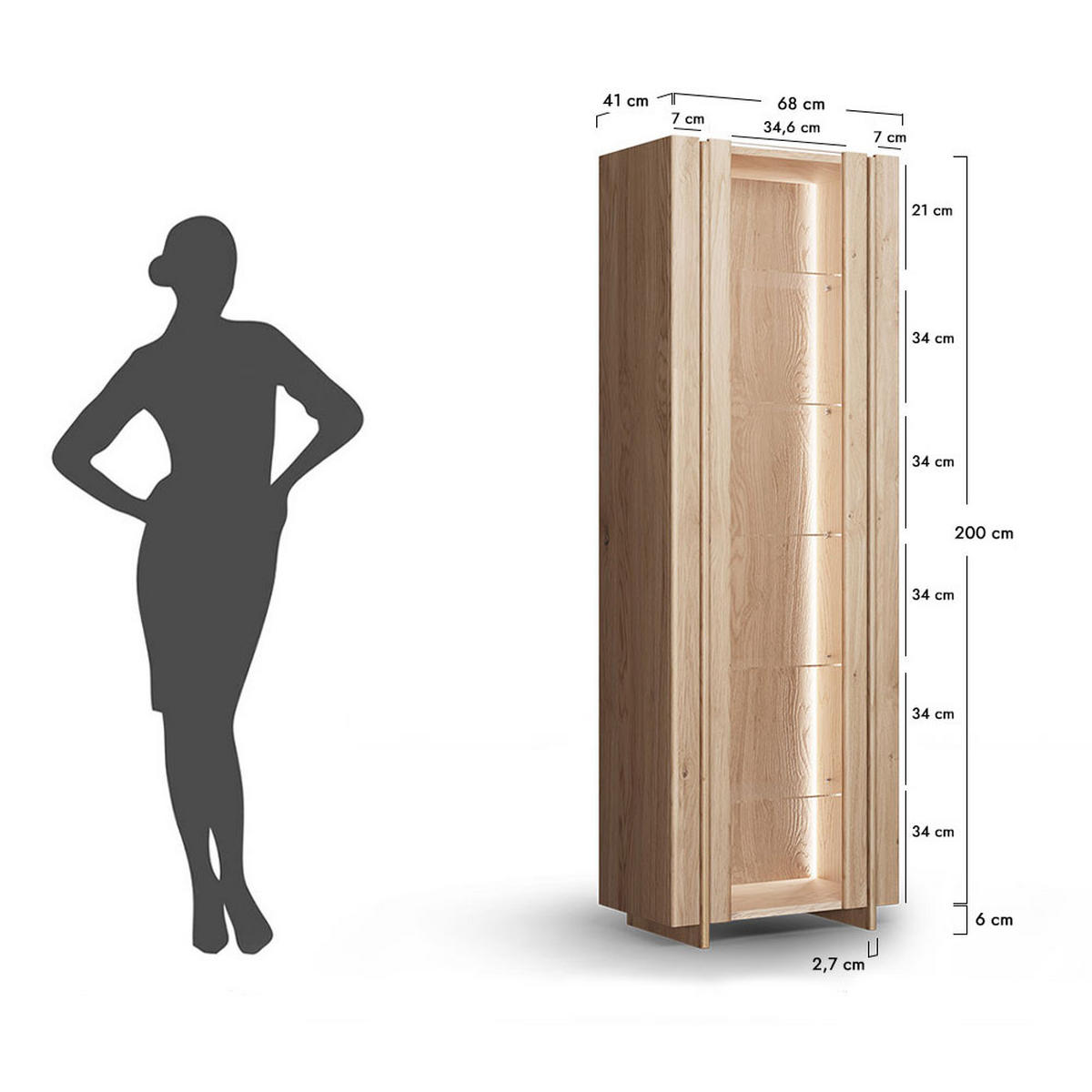 VITRINE Travertino Wildeiche Gebleicht 68 / 41 / 206cm ohne Travertin Naturstein - Wildeiche, Holz (68/206/41cm) - Feldmann-Wohnen