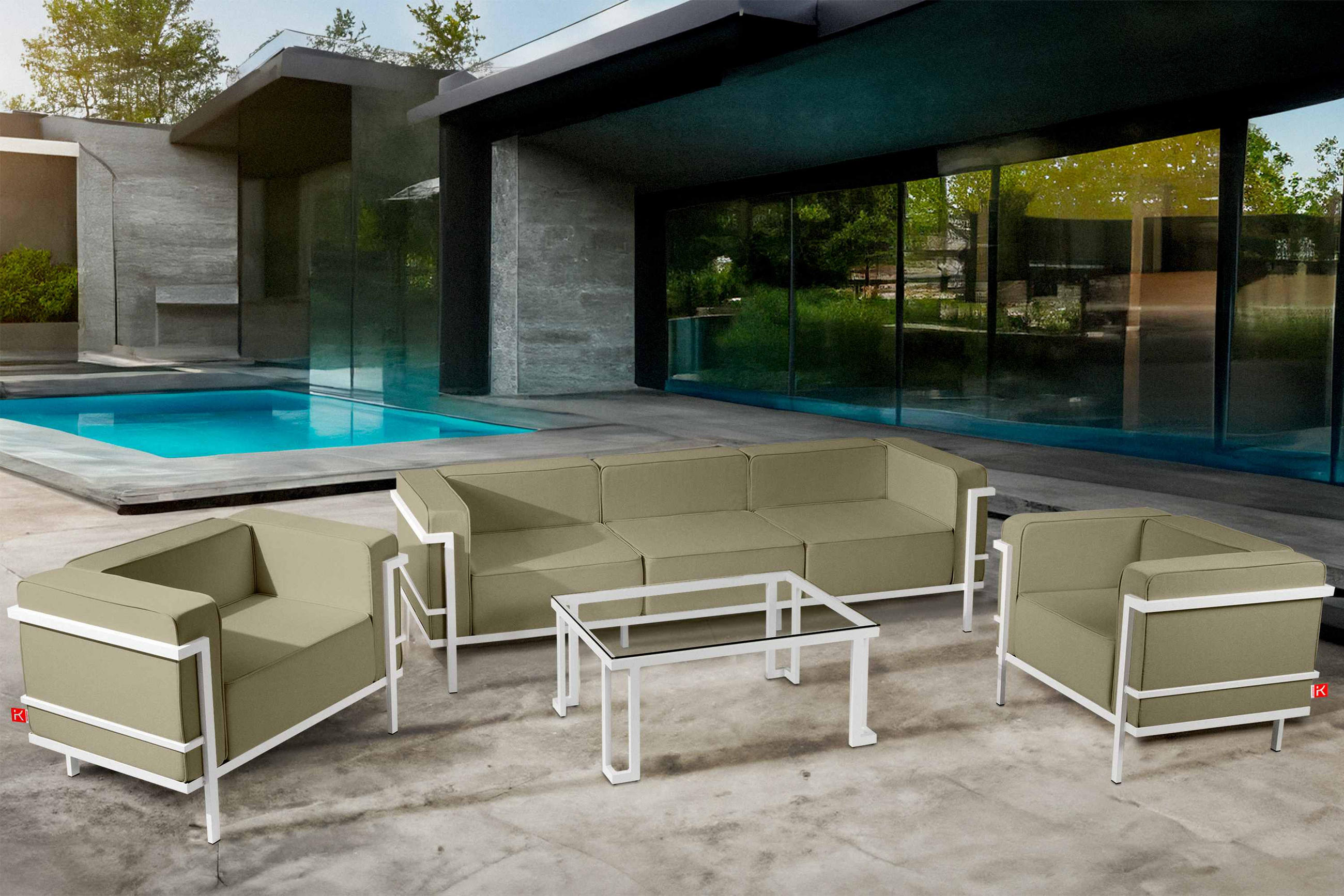 GARTENLOUNGE-SET TRIGLO 1x Tisch, 2x Sessel, 1x Sofa 3-Sitzer, 4-tlg., Modern, Weiß/Beige - Beige/Weiß, Textil/Metall - KONSIMO®