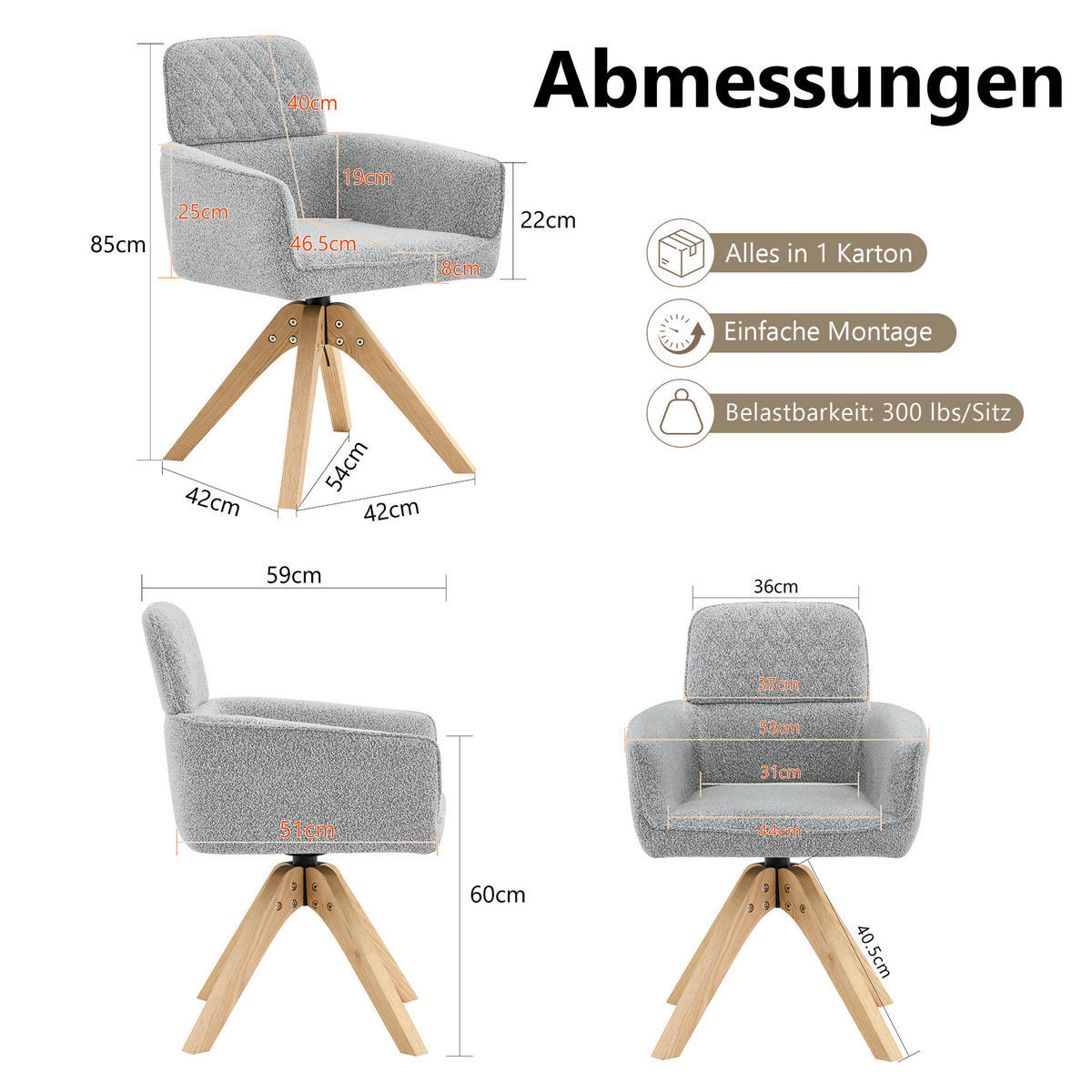 ARMLEHNSTUHL-SET DE-36622 2 Stück mit Stoffbezug und Massivholzbeinen Grau - Hellgrau, Holz (51/85/53cm) - ComfortXL