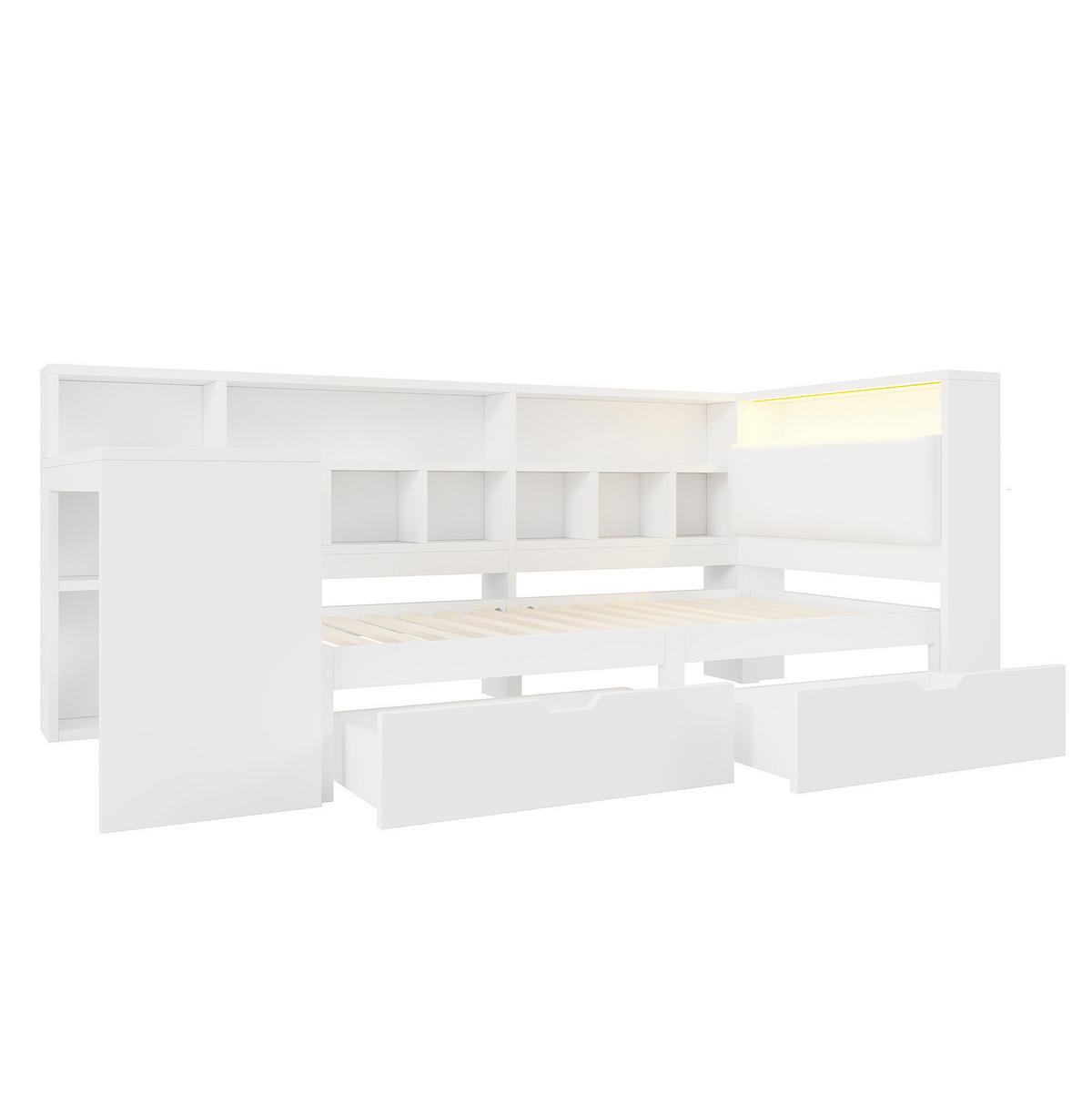 BETT 90/200 cm mit Kopfteil, Schreibtisch, Regal und Schubladen in Weiß - Weiß, Holzwerkstoff (90/200cm) - BEAOK