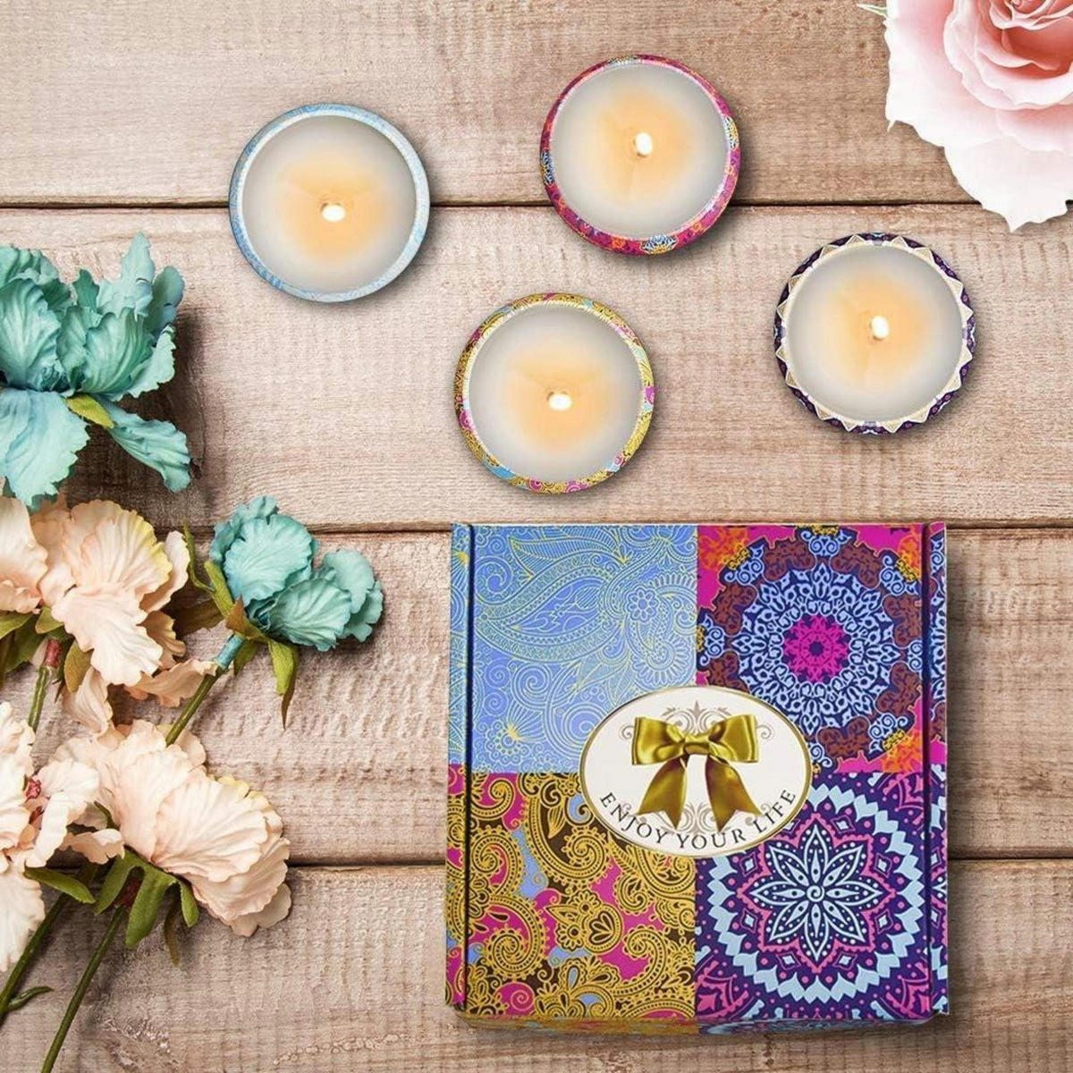 DUFTKERZEN 4er Set Sojawachs Geschenkset Rose Lavendel Zitrone Feige - Multicolor, Paraffin (5.3cm)