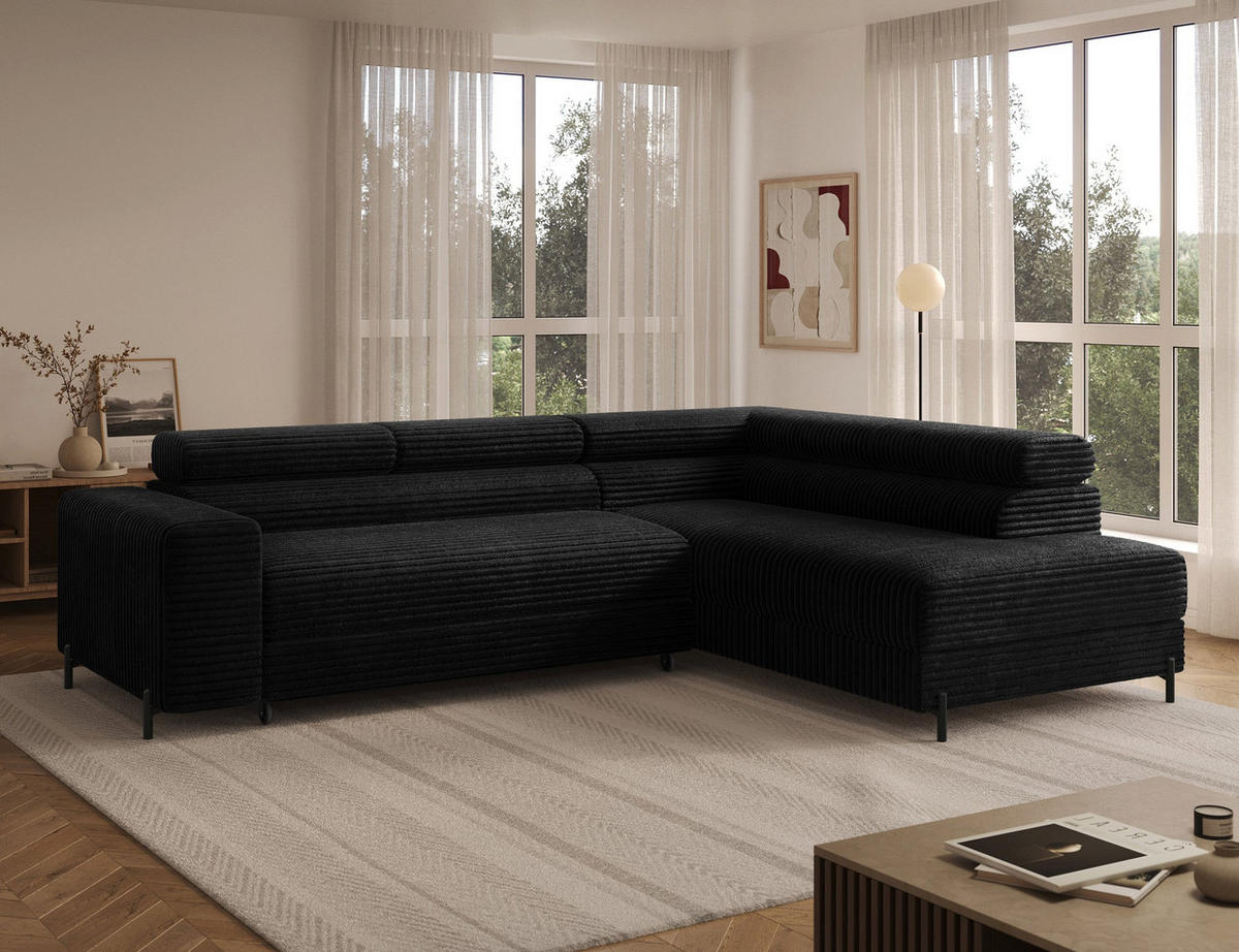 ECKSOFA COLESIO L-Form, Schlaffunktion, Bettkasten, verstellbare Kopfstützen, Wellenfederung, Metallfüße, breiter Cordstoff - Schwarz, Kunststoff/Metall (204/269cm) - Wohnideebilder